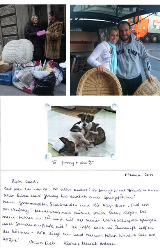 Foto 1: Karin Arikan beim ACA Lager in 1090 Wien. Sie bringt noch mehr Sachspenden vorbei und überrascht uns mit einem €400 !! Gutschein als Weihnachtsgeschenk. Foto 2: Karin und Murat Arikan mit einem Transporter voller Sachspenden für ACA.